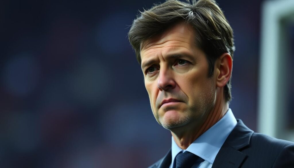 A close-up portrait of Luis Enrique, the head coach of the Spanish national football team, with a pensive expression on his face. He is standing on the sideline of a football pitch, wearing a dark suit and tie. The background is slightly blurred, with a muted color palette of blues and grays, reflecting the serious and strategic nature of his role. The lighting is soft and diffused, highlighting the lines on his face and the intensity in his eyes, conveying a sense of deep thought and concentration. The camera angle is slightly low, emphasizing his authority and commanding presence on the field.