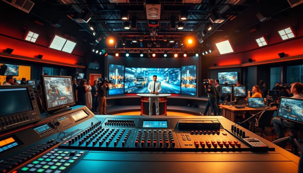 A dynamic and immersive live streaming scene with a central focus on a state-of-the-art broadcasting studio. The foreground features a modern control panel with numerous screens, sliders, and buttons, creating a sense of technological sophistication. The middle ground showcases a professional presenter standing before a large, high-resolution display, delivering a captivating performance. The background depicts a bustling newsroom or production facility, filled with activity and energy, conveying the excitement and immediacy of live content creation. Warm, focused lighting illuminates the scene, creating depth and emphasizing the sense of real-time action. The overall atmosphere evokes the cutting-edge technology and behind-the-scenes excitement of live streaming in a professional, visually striking manner.