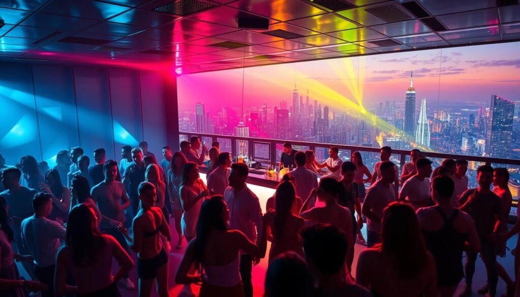 A vibrant and dynamic klub scene, captured in a cinematic style. The foreground features a pulsing dance floor, with a diverse crowd of revelers moving to the rhythmic beats of electronic music. Neon lights cast a mesmerizing glow, casting shadows and highlights across the dancers' faces and bodies. In the middle ground, a sleek and modern bar area, with bartenders expertly mixing cocktails against a backdrop of minimalist, geometric decor. The background showcases a panoramic view of the city skyline, with towering skyscrapers and twinkling lights creating a sense of urban energy and sophistication. The overall atmosphere is one of excitement, energy, and a celebration of community and self-expression.