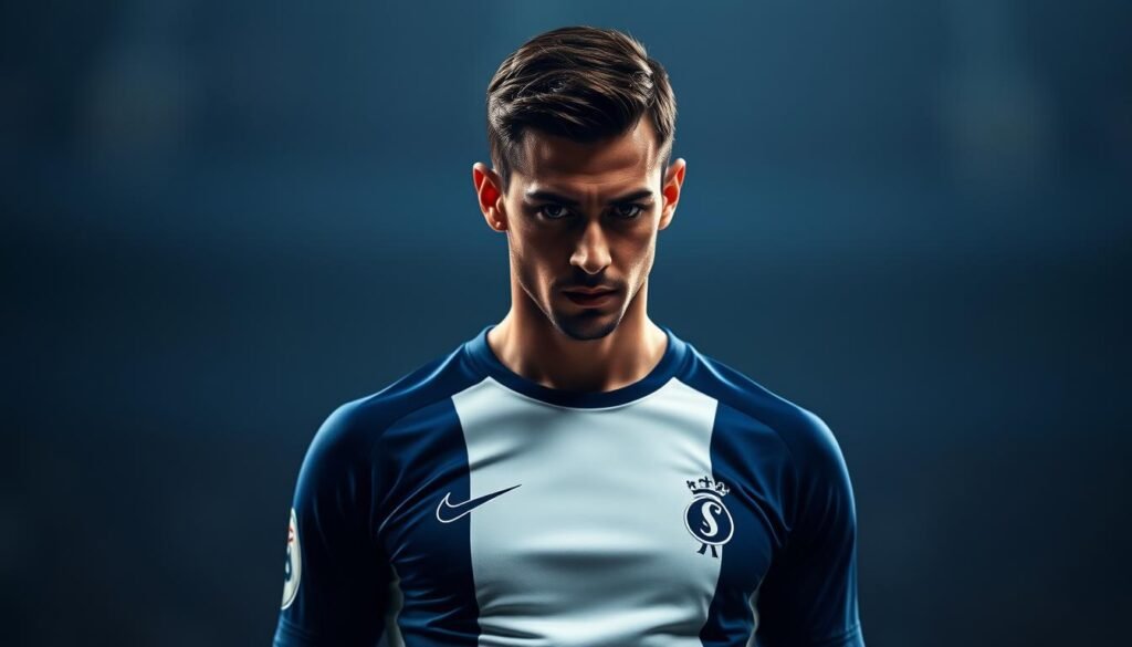 An elegant, pensive figure stands in the center, gazing intensely with a focused expression. Griezmann's sleek, athletic frame is draped in the iconic blue-and-white jersey of the French national team, his every muscle taut with determination. The lighting is soft, almost ethereal, casting dramatic shadows that accentuate the player's chiseled features. The background is blurred, drawing the viewer's eye to the central subject - Griezmann, the orchestrator, the linchpin of France's tactical blueprint. His body language conveys a sense of control, of complete immersion in the rhythms of the game, as if he were the conductor of a grand symphony. This is the false 9, the creative hub, the Barcelona-inspired heartbeat of the French attack.