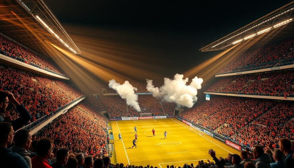 A bustling football stadium in November 2025, the atmosphere electric as fans cheer passionately for their team. Tiered concrete terraces rise up, filled with a sea of vibrant jerseys and scarves. Beams of warm evening sunlight filter through the stands, casting a golden glow over the scene. In the middle distance, players sprint across a lush, verdant pitch, their every movement amplified by the roar of the crowd. Billowing clouds of breath and banners waving create a dynamic, almost tangible energy that permeates the air. The camera captures this captivating moment, conveying the palpable influence of the devoted supporters on the unfolding drama of the match.