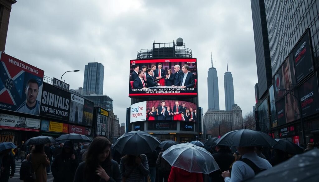 A dark, gloomy November day in 2025, the sky overcast with heavy clouds. In the foreground, a bustling city street, people hurrying through the rain, umbrellas in hand. Billboards and advertisements line the buildings, their messages competing for attention. In the middle ground, a large TV screen displays a heated debate, pundits discussing the performance of the country's top football club. The camera angle captures the reactions of the crowd watching, their expressions ranging from frustration to indignation. In the background, the silhouettes of skyscrapers loom, representing the powerful institutions and decision-makers who shape public opinion.