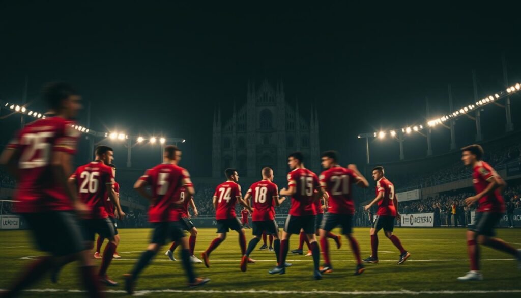 A dimly lit football stadium at night, with the iconic Duomo di Milano cathedral visible in the background. The field is dominated by a group of players in red and black uniforms, their faces obscured by motion blur, engaged in a tense match. The scene is bathed in a golden glow, creating a sense of drama and intensity. The stands are empty, save for a few lone spectators, their silhouettes faint against the backdrop of the illuminated city skyline. The atmosphere is one of a hard-fought, evenly matched contest, where the data may not tell the full story.