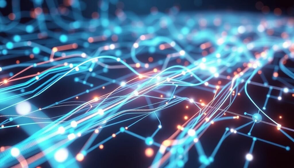 A highly detailed, technically accurate 3D render of a computer network bandwidth visualization. Show a futuristic, abstract data network with fast-flowing digital streams, representing high-speed data transmission. Use a cool, metallic color palette with glowing energy fields and dynamic interconnected nodes. Depict the bandwidth capacity with precision, showcasing the scale and magnitude of data transfer. Incorporate sleek, minimalist design elements that convey a sense of advanced technology. Capture the essence of the USB 5.0 specification with a striking, visually compelling image.