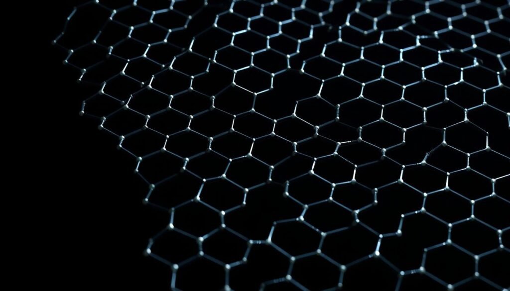 A highly detailed, ultra-realistic, and scientifically accurate illustration of a graphene structure, rendered in 8K resolution. The graphene sheet should be presented in a dramatic, impactful composition, with a dark, moody atmosphere and dramatic lighting that emphasizes the intricate, honeycomb-like lattice structure of the material. The graphene should be the clear focal point, occupying the majority of the frame, with a clean, minimalist background that allows the material's unique properties to shine. Capture the strength, conductivity, and versatility of graphene through precise, technically-accurate depiction of the atomic-scale structure.