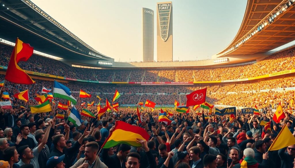 A vibrant, stadium filled with passionate supporters in November 2025. In the foreground, a sea of colorful banners and flags being waved enthusiastically by a crowd of devoted fans. In the middle ground, the stadium's grandstands are packed with spectators, their faces alight with excitement. The background features the towering, modern architecture of the stadium, bathed in warm, golden lighting that creates a sense of energy and anticipation. The overall mood is one of unwavering support and community, with the supporters united in their dedication to their beloved team.