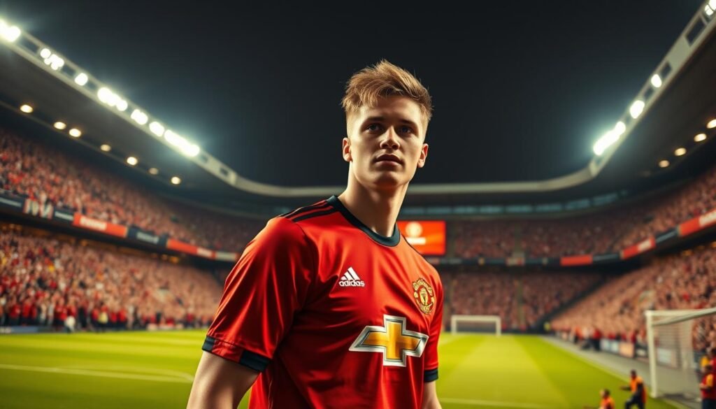 A dynamic scene featuring Benjamin Sesko, a young and talented football player, in the iconic Manchester United kit. He stands confidently in the foreground, showcasing his athletic build and determined expression. The middle ground captures a packed stadium filled with excited fans wearing Manchester United colors, creating a lively atmosphere. The background features the stunning Old Trafford stadium illuminated by bright floodlights, enhancing the electrifying mood of a match day. Soft evening light enhances the scene, giving a golden hue that reflects the excitement of a high-profile transfer. The angle is slightly low, emphasizing Sesko's stature and the grandeur of the stadium, with no text or overlays, focusing solely on the essence of this monumental transfer in the Bundesliga.