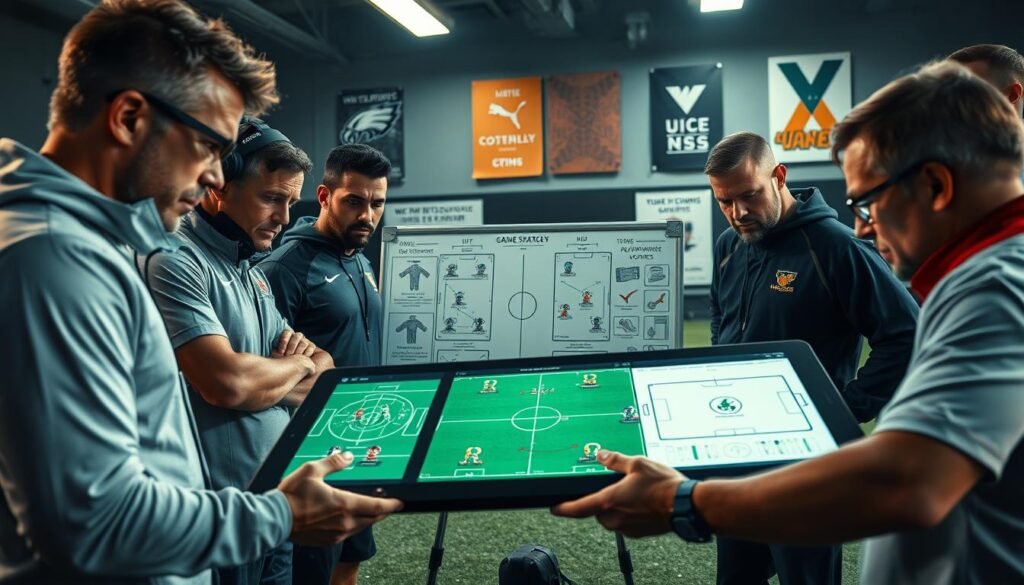 A visually striking scene showcasing a football analysis strategy session. In the foreground, a diverse group of four coaches is intensely discussing game strategies, dressed in professional athletic attire. They are gathered around a large digital tablet displaying detailed graphical data and diagrams of their opponent's weaknesses. The middle ground features a tactical whiteboard filled with annotated plays and formations, while charts and graphs highlight key statistics. The background shows a dimly lit training facility with motivational posters on the walls. Soft, focused lighting emphasizes the intensity of the discussion, and a slight dramatic angle adds depth. The atmosphere is tense yet collaborative, reflecting the urgency of preparation before the match.