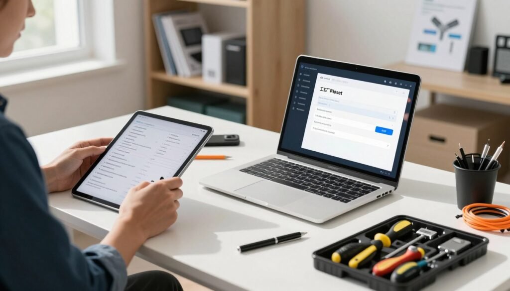 A bright and modern workspace featuring a sleek desk with a laptop displaying a settings menu for a factory reset. In the foreground, an organized toolbox containing essential tech tools like screwdrivers and cables hints at preparation. To the left, a professional wearing business attire carefully reviews a checklist on a tablet, ensuring crucial data protection steps are covered. Soft, natural lighting from a nearby window illuminates the scene, casting gentle shadows that create an inviting atmosphere. In the background, a shelf filled with tech manuals and device boxes suggests a well-equipped environment for tech troubleshooting. The overall mood is focused, methodical, and reassuring, emphasizing the importance of a safe and smooth reset process.
