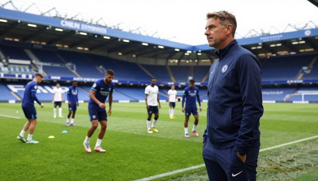 A dynamic scene depicting Liam Rosenior standing confidently on a football pitch, dressed in professional sports attire, surveying the field with determination. In the foreground, highlight his focused expression as he analyzes team strategies. The middle ground features a vibrant training session with players in blue and white kits practicing drills, showcasing teamwork and energy. In the background, the iconic Chelsea stadium looms under bright, natural lighting, enhancing the atmosphere of ambition and hope. The scene captures a sense of challenge and opportunity, symbolizing the task of building a dream team. Use a wide-angle lens to create depth, emphasizing the contrast between the coach's calm demeanor and the dynamic action of the players. The overall mood is inspiring and motivational, reflecting a pivotal moment in football management.