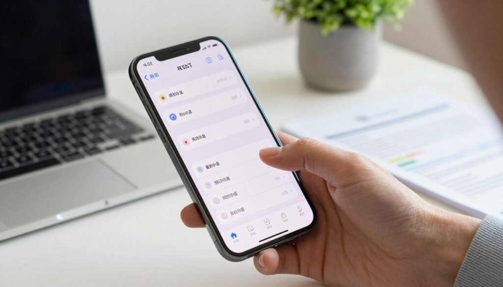 A sleek modern smartphone placed prominently in the foreground, depicting a hands-on demonstration of the different reset options on its screen. The middle ground shows a close-up of the user's hand navigating through the settings, emphasizing clarity and approachability. The background features a soft-focus workspace with a laptop, papers, and a cozy plant, creating a professional atmosphere. The lighting is bright and inviting, casting soft shadows to enhance the sleek design of the phone. Capture the mood of understanding and empowerment, making the viewer feel confident about managing their device. The angle is slightly elevated, giving a clear view of the phone's display while keeping the surrounding elements in context.